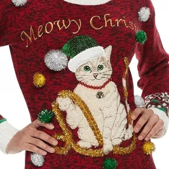 Women's Holiday Cat Sweater Christmas Kitty Tinsel Sequins Bling XS Embellished - Picture 2 of 3